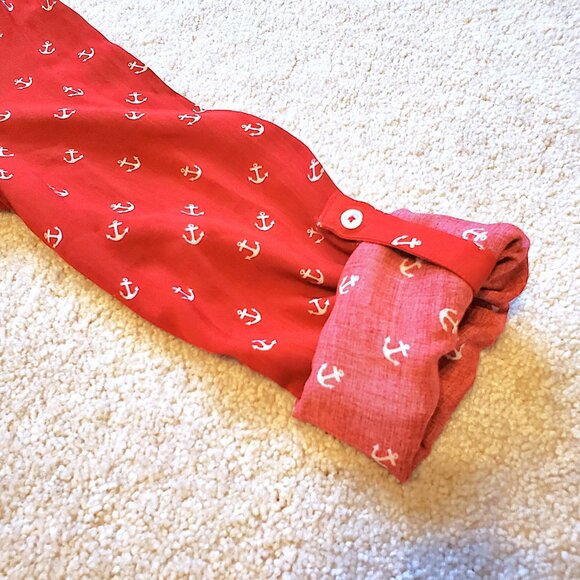 Maeve Red Anchor Print Long Sleeve Button Up Blouse Top Women's Sz 10 Pintucking - Picture 3 of 8